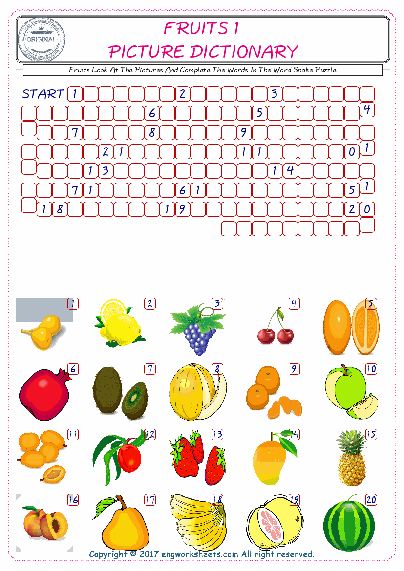 Check the Illustrations of Fruits english worksheets for kids, and Supply the Missing Words in the Word Snake Puzzle ESL play. 